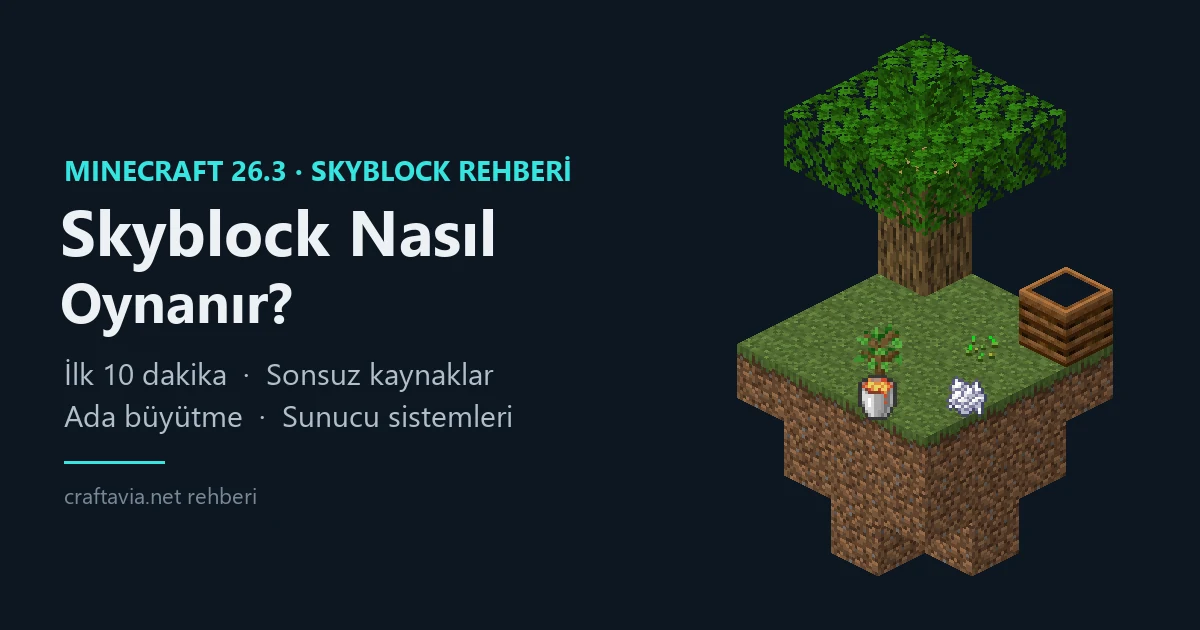 Boşlukta yüzen küçük Skyblock adası: meşe ağacı, Gübre Varili, Meşe Fidanı, Buğday Tohumu, Kemik Tozu ve Lav Kovası