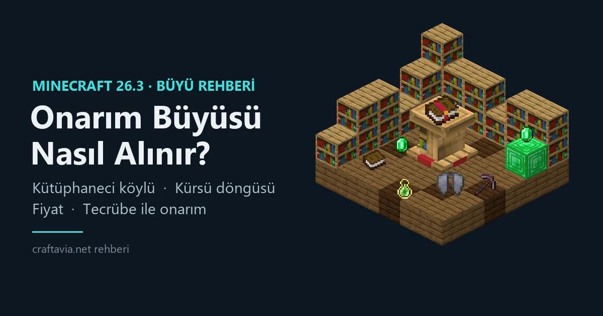 Minecraft Onarım büyüsü: Kürsü üstünde Büyülü Kitap, kitaplıklar, Zümrüt, Elitra ve Netherit Kazma