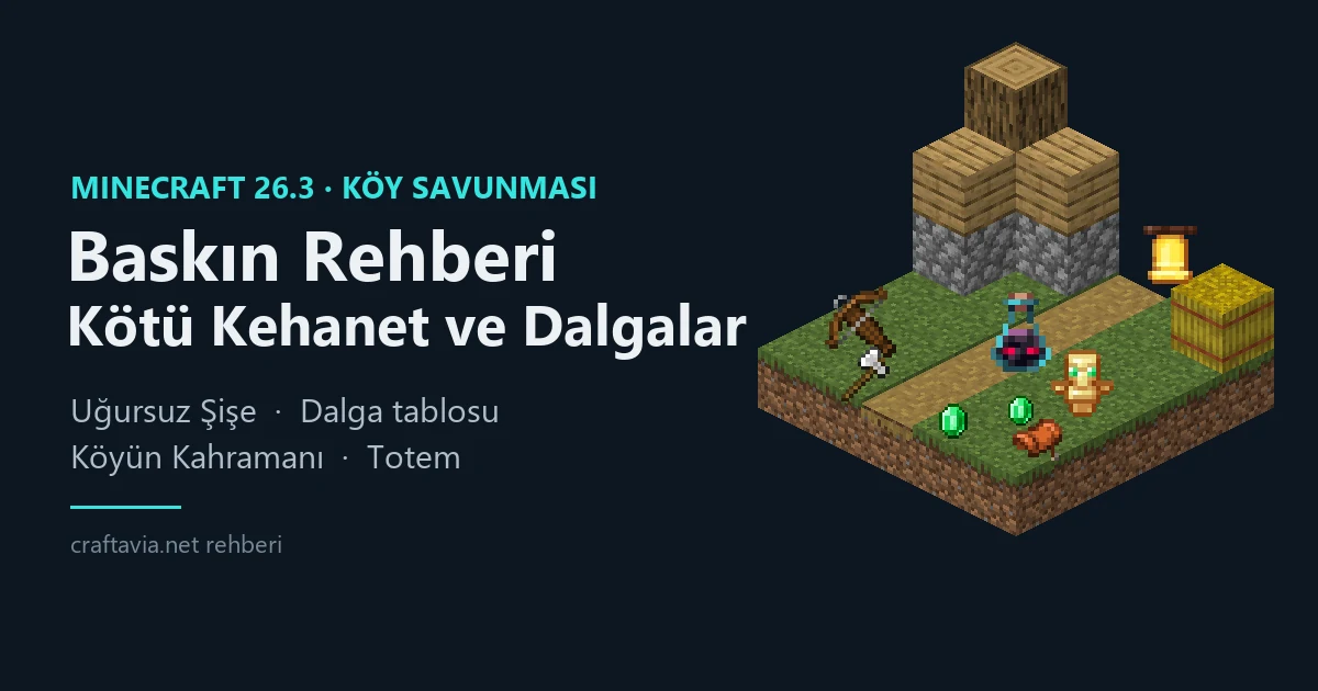 Minecraft köyünde baskın hazırlığı: toprak yol üstünde Uğursuz Şişe, Arbalet, Ölümsüzlük Totemi, eyer, zümrütler ve Çan