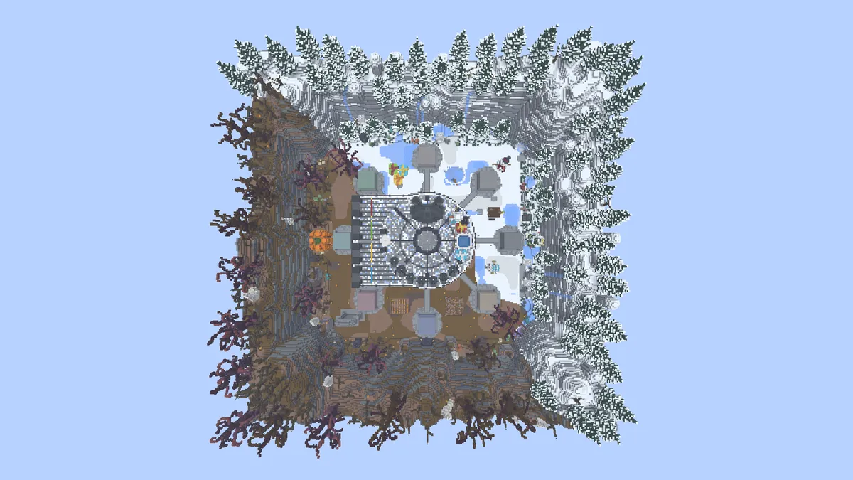 Craftavia BoxPvP haritası kuşbakışı: dağlarla çevrili kutu harita