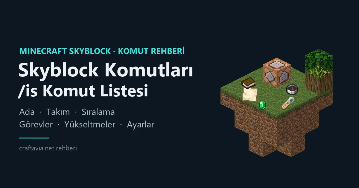 Skyblock adası üstünde komut bloğu, kitap, harita, pusula, isim etiketi ve zümrüt