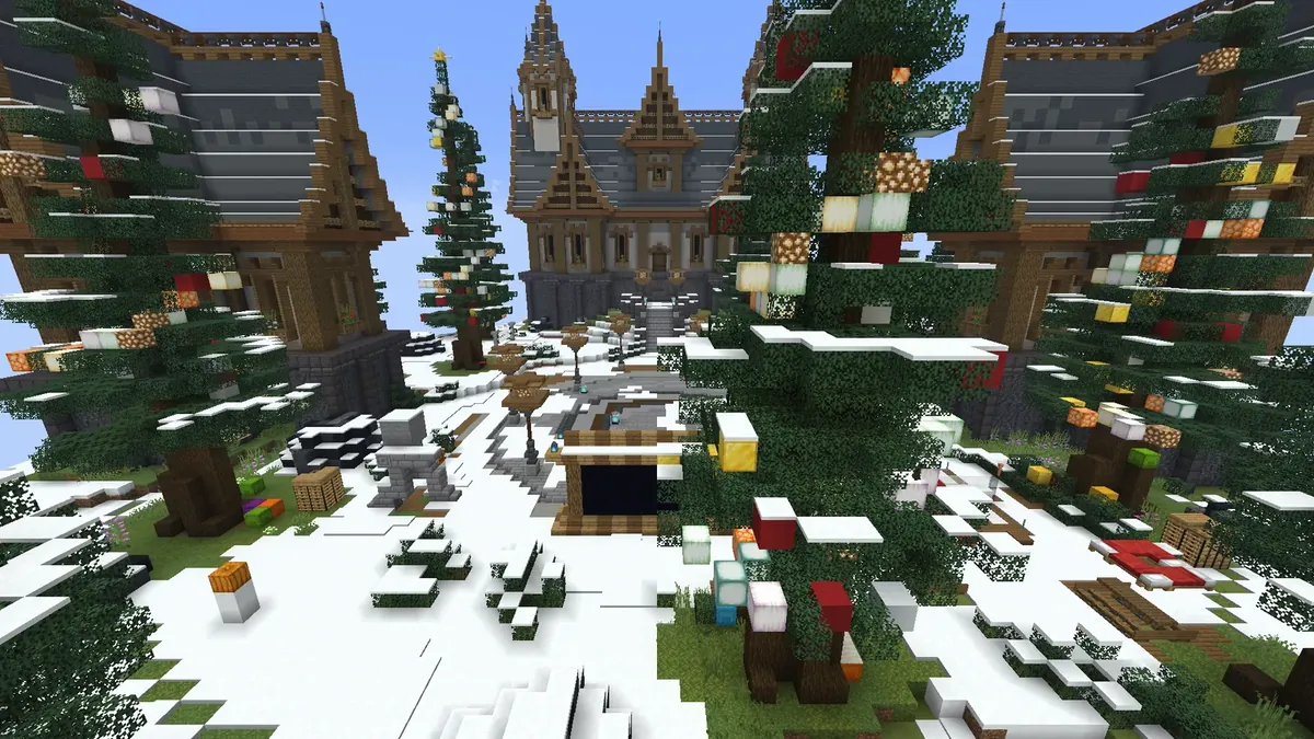 Craftavia Practice spawn meydanı: konaklar ve süslü ağaçlar