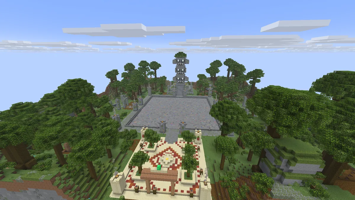 Craftavia Skyblock maden adası: orman tapınağı temalı maden çukuru ve çevresi