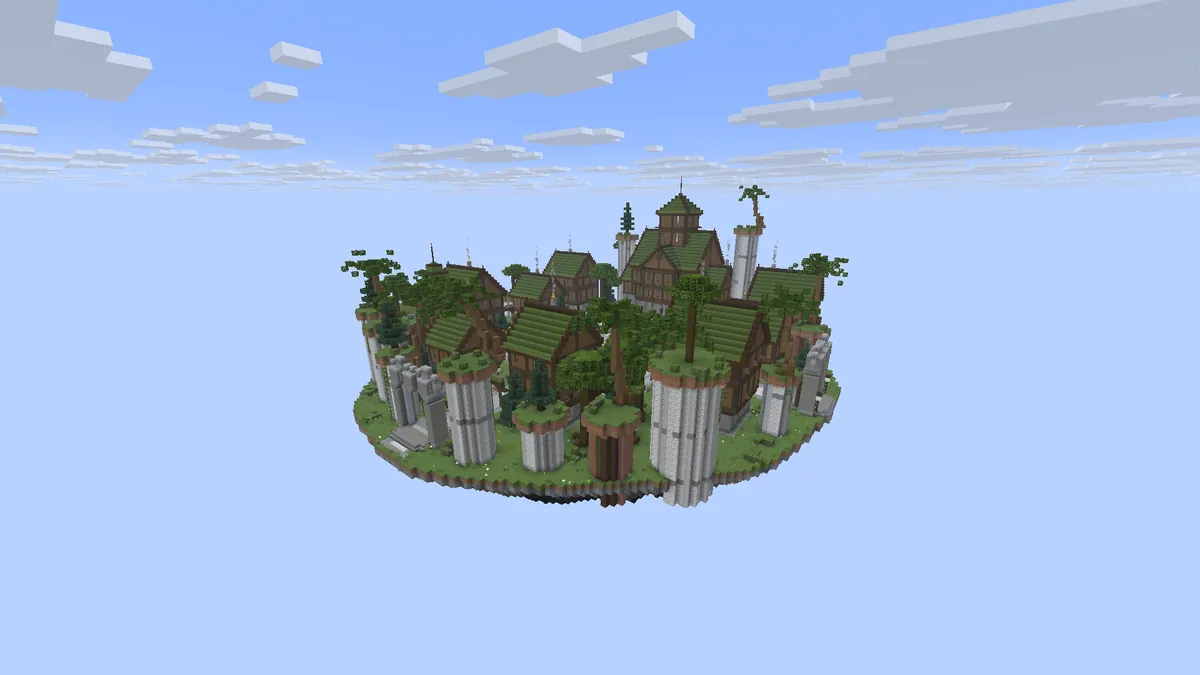 Craftavia Skyblock spawn adası: meydan, konaklar ve kule