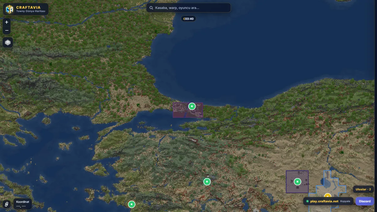Craftavia Towny haritasında İstanbul Boğazı ve kasaba sınırı